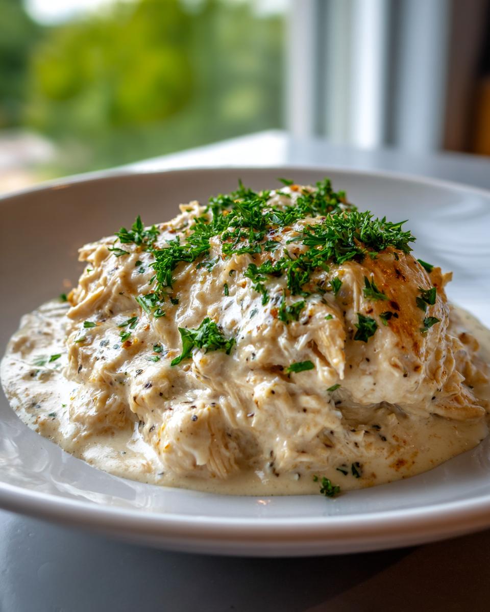 A serving of shredded slow cooker garlic parmesan chicken smothered in creamy sauce and topped with fresh parsley.