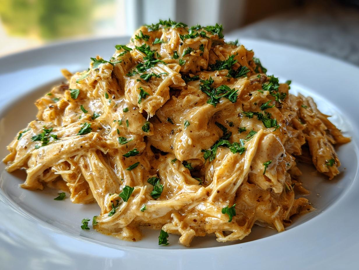 A generous serving of shredded slow cooker garlic parmesan chicken coated in a creamy sauce and topped with fresh parsley.