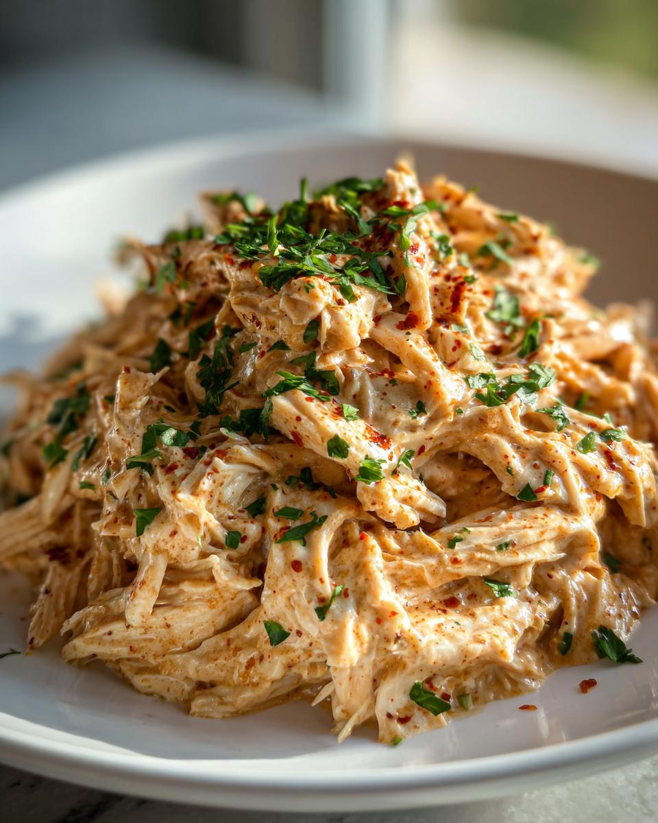 Close-up of creamy, shredded slow cooker garlic parmesan chicken topped with fresh parsley and red pepper flakes.