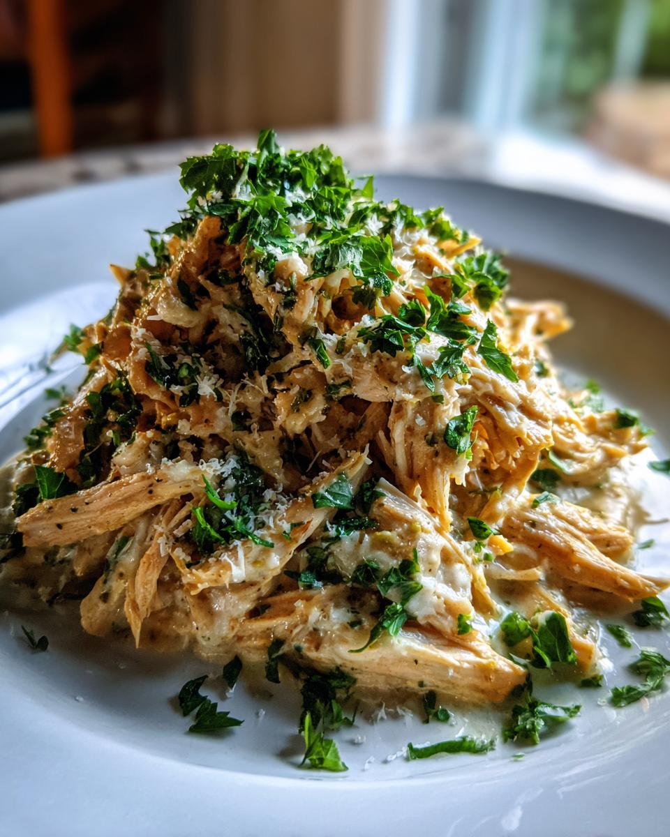 A mound of shredded slow cooker garlic parmesan chicken coated in creamy sauce and topped with fresh parsley and grated cheese.