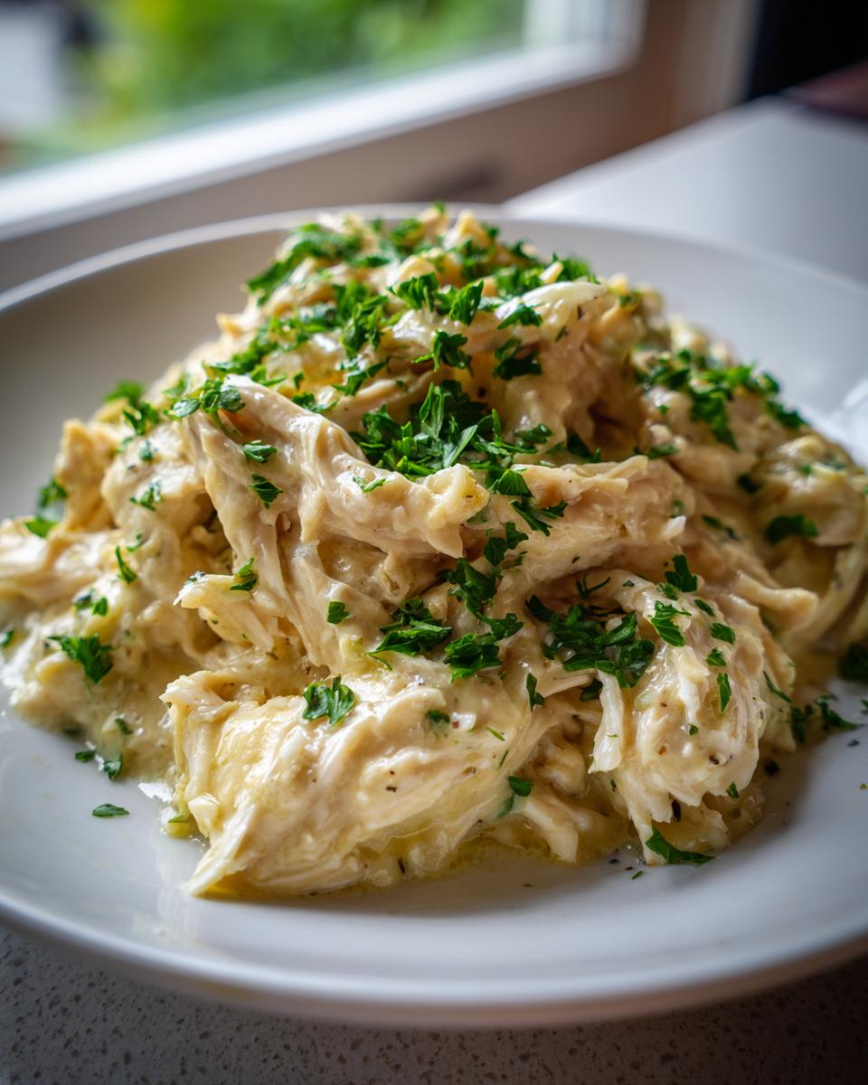 Shredded slow cooker garlic parmesan chicken coated in a creamy sauce and topped with fresh parsley.