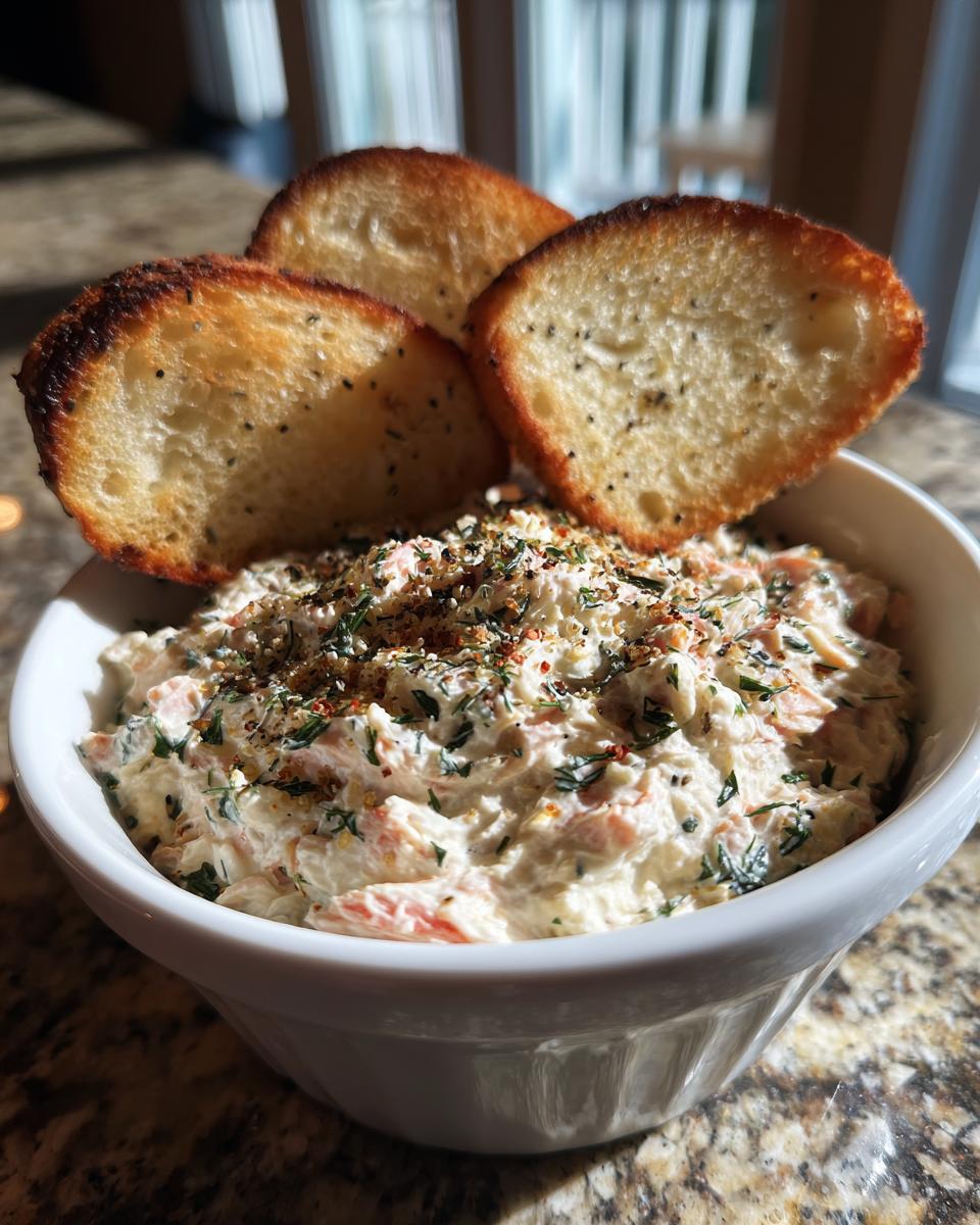 Creamy smoked salmon dip topped with herbs and spices, served with three toasted bread slices.
