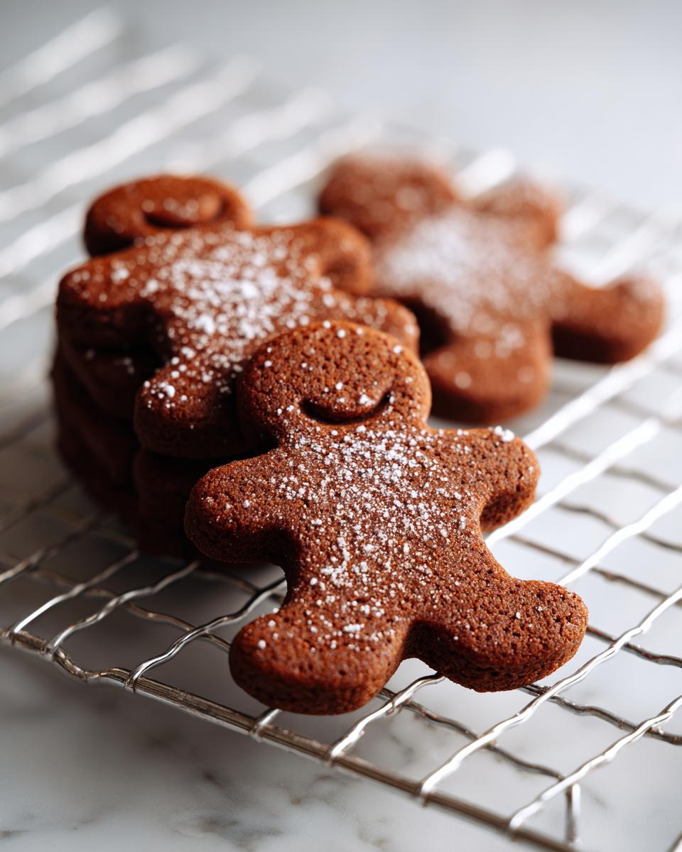 Close-up of soft gingerbread cookies dusted with powdered sugar resting on a silver cooling rack.