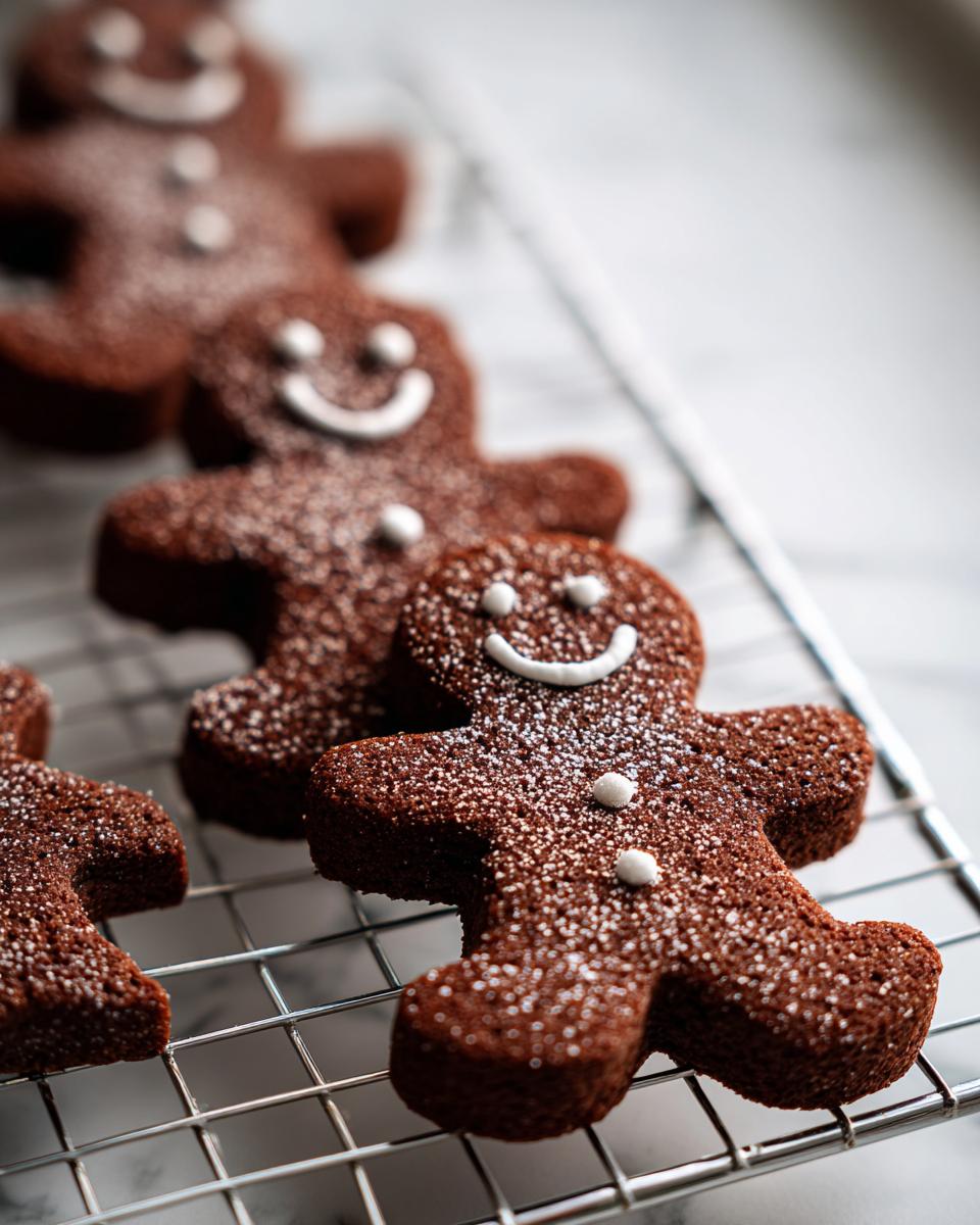 Close-up of freshly baked soft gingerbread cookies dusted with powdered sugar on a cooling rack.