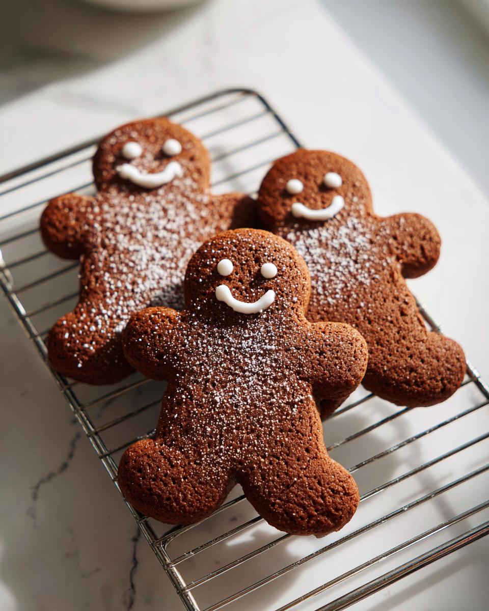 Three soft gingerbread cookies decorated with simple white icing smiles, dusted with powdered sugar, resting on a wire cooling rack.