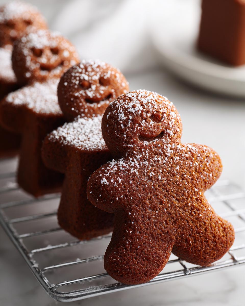 A row of freshly baked soft gingerbread cookies dusted with powdered sugar cooling on a wire rack.