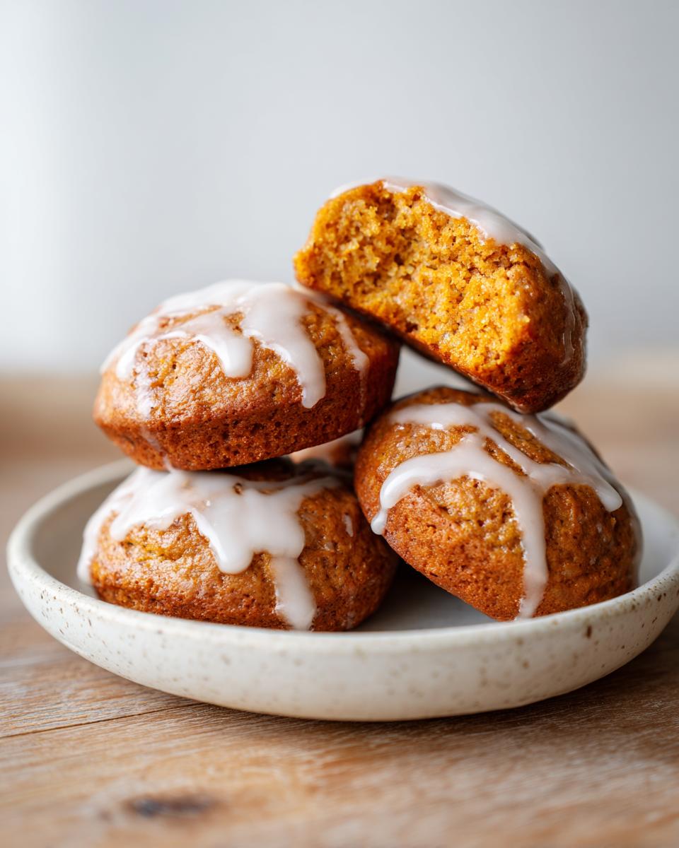 A stack of four soft persimmon cookies drizzled with white glaze, one cookie is broken open to show the texture.