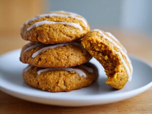 A stack of three soft, orange persimmon cookies drizzled with white icing, with one cookie broken open to show the texture.