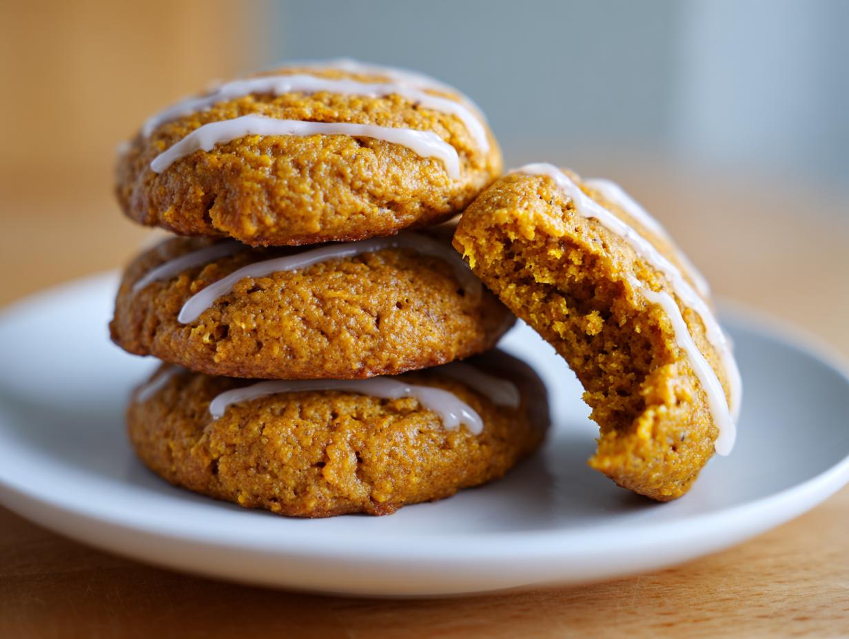 A stack of three soft, orange persimmon cookies drizzled with white icing, with one cookie broken open to show the texture.