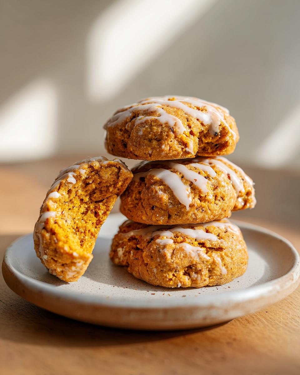 A stack of three soft persimmon cookies drizzled with white icing, with one cookie broken open to show the texture.