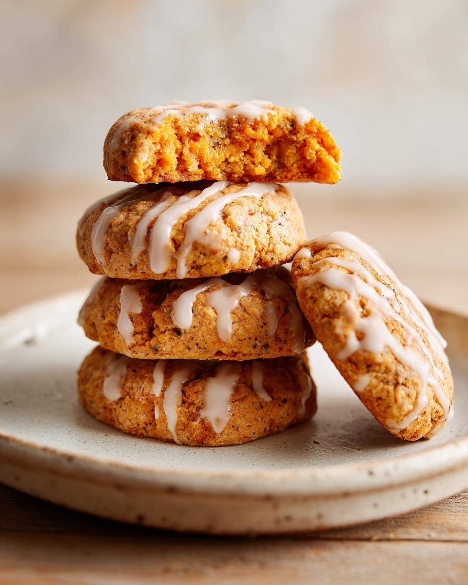 Close-up of stacked, soft persimmon cookies drizzled with white icing on a speckled plate.