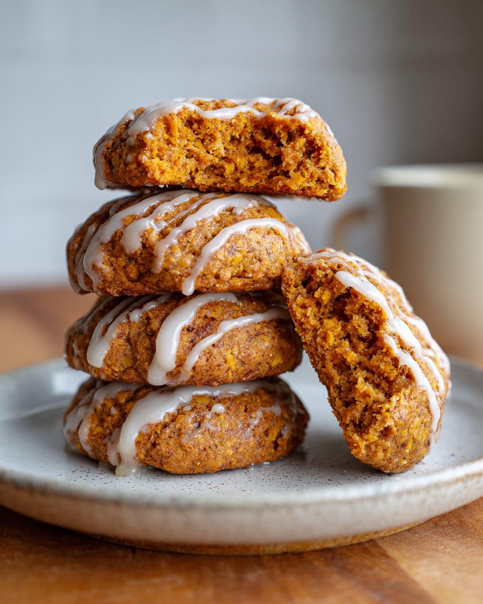 A stack of four soft persimmon cookies drizzled with white icing, with one cookie broken open to show the texture.