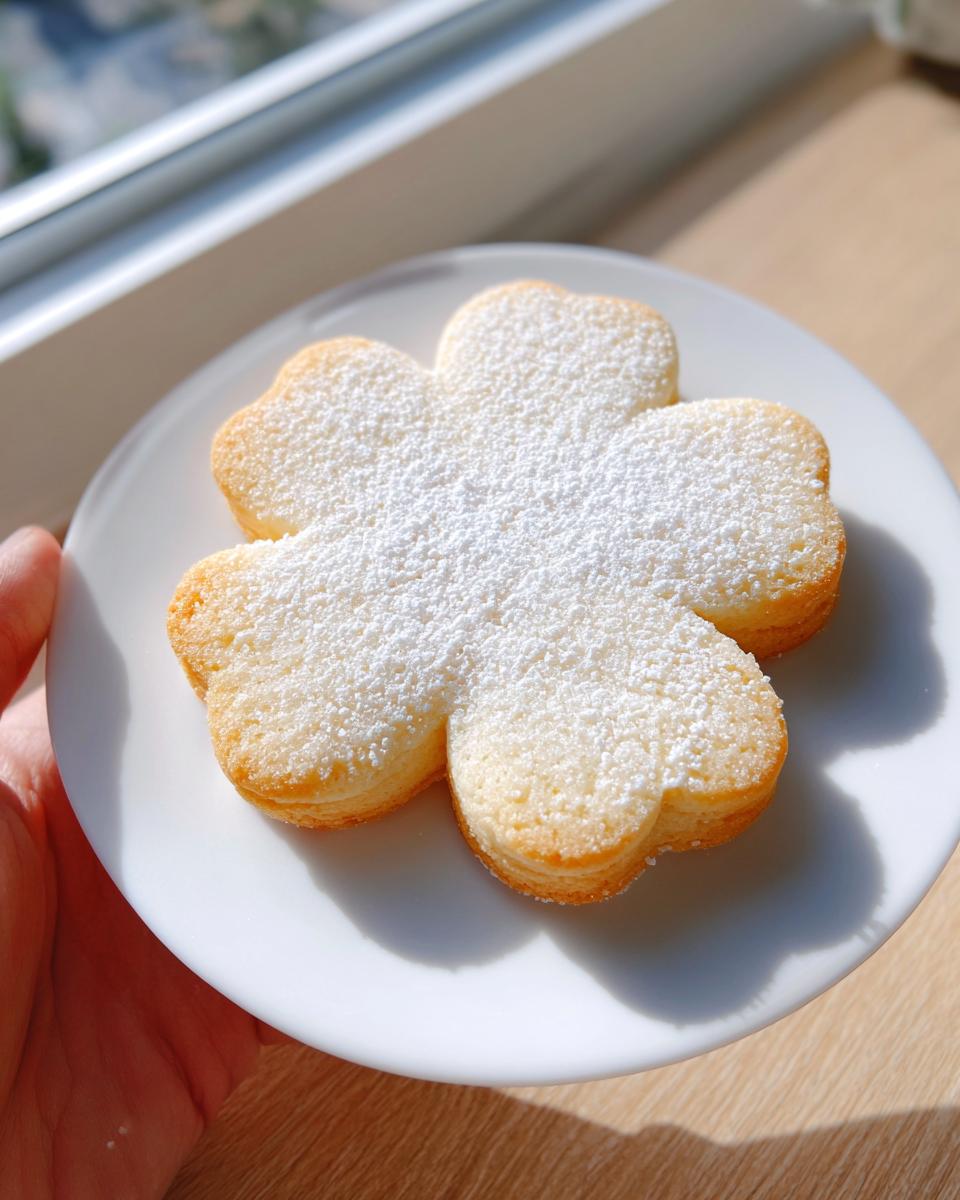 A soft cutout sugar cookie shaped like a four-leaf clover, dusted heavily with powdered sugar, held on a white plate.
