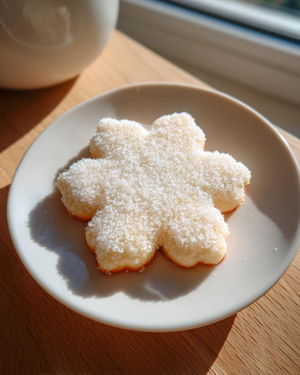 A soft, flower-shaped sugar cookie generously topped with coarse granulated sugar, sitting on a light plate.
