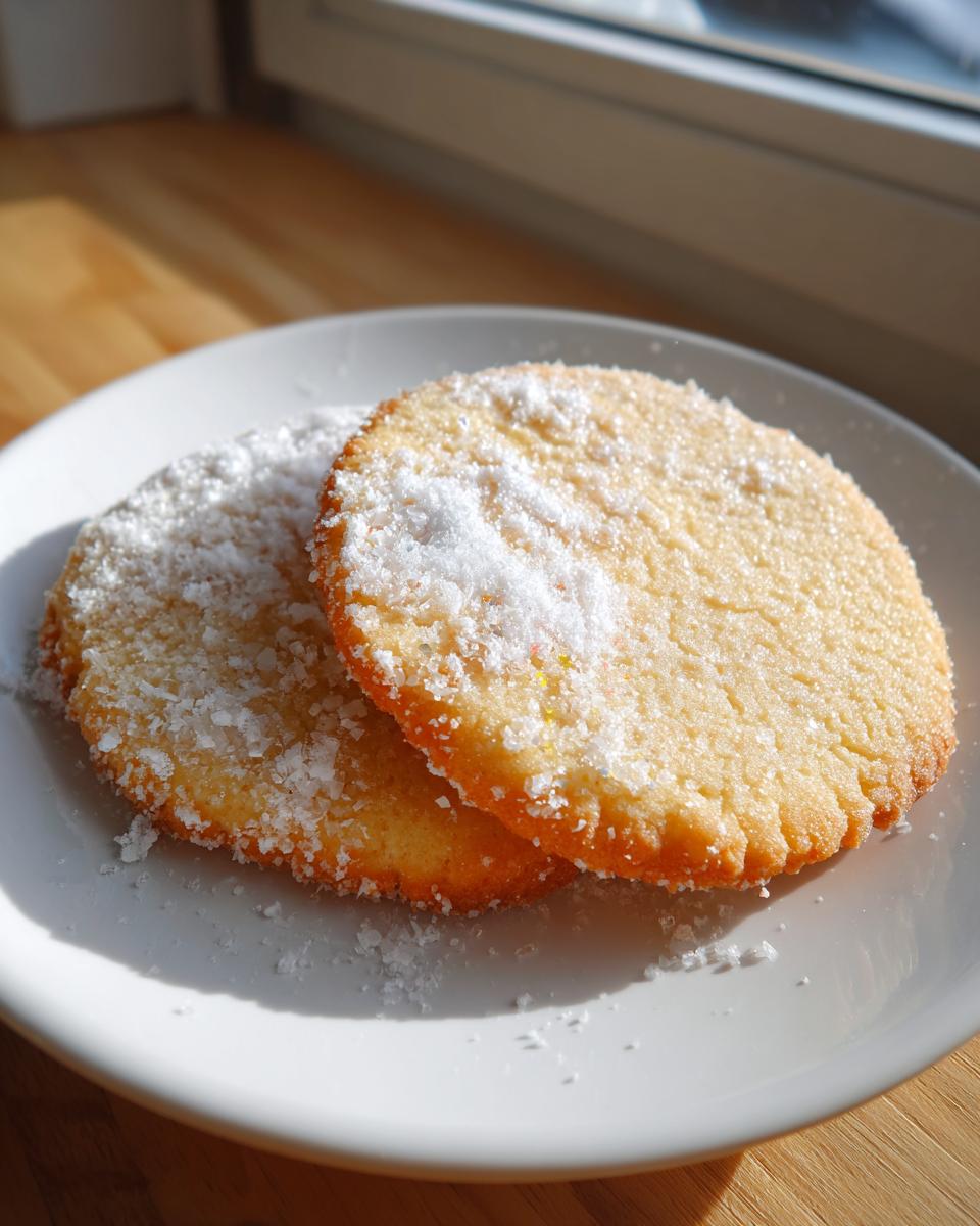 Two golden, soft sugar cookie rounds dusted heavily with coarse powdered sugar on a white plate.