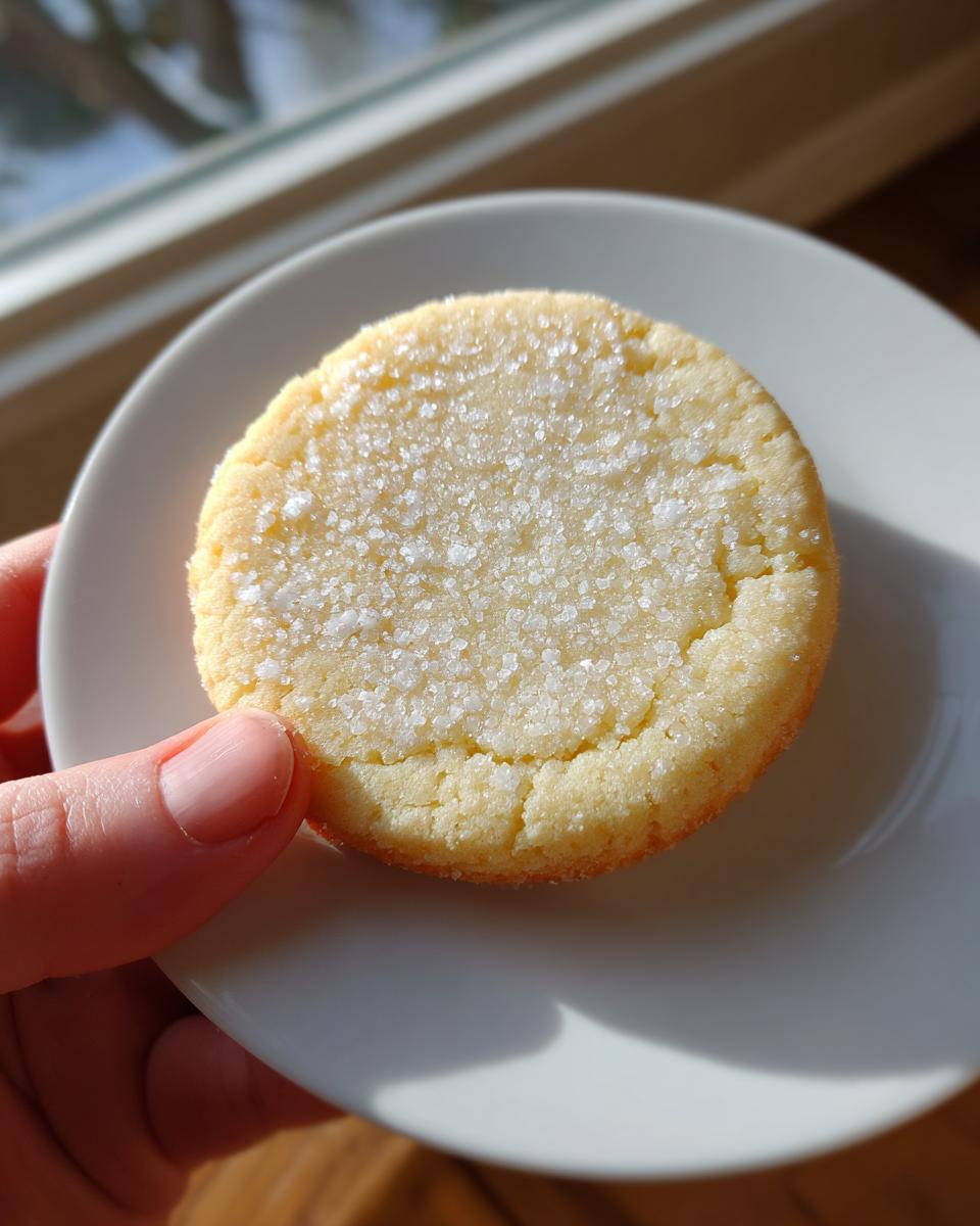 A hand holds a white plate featuring a perfectly round, soft sugar cookie topped with coarse sparkling sugar.