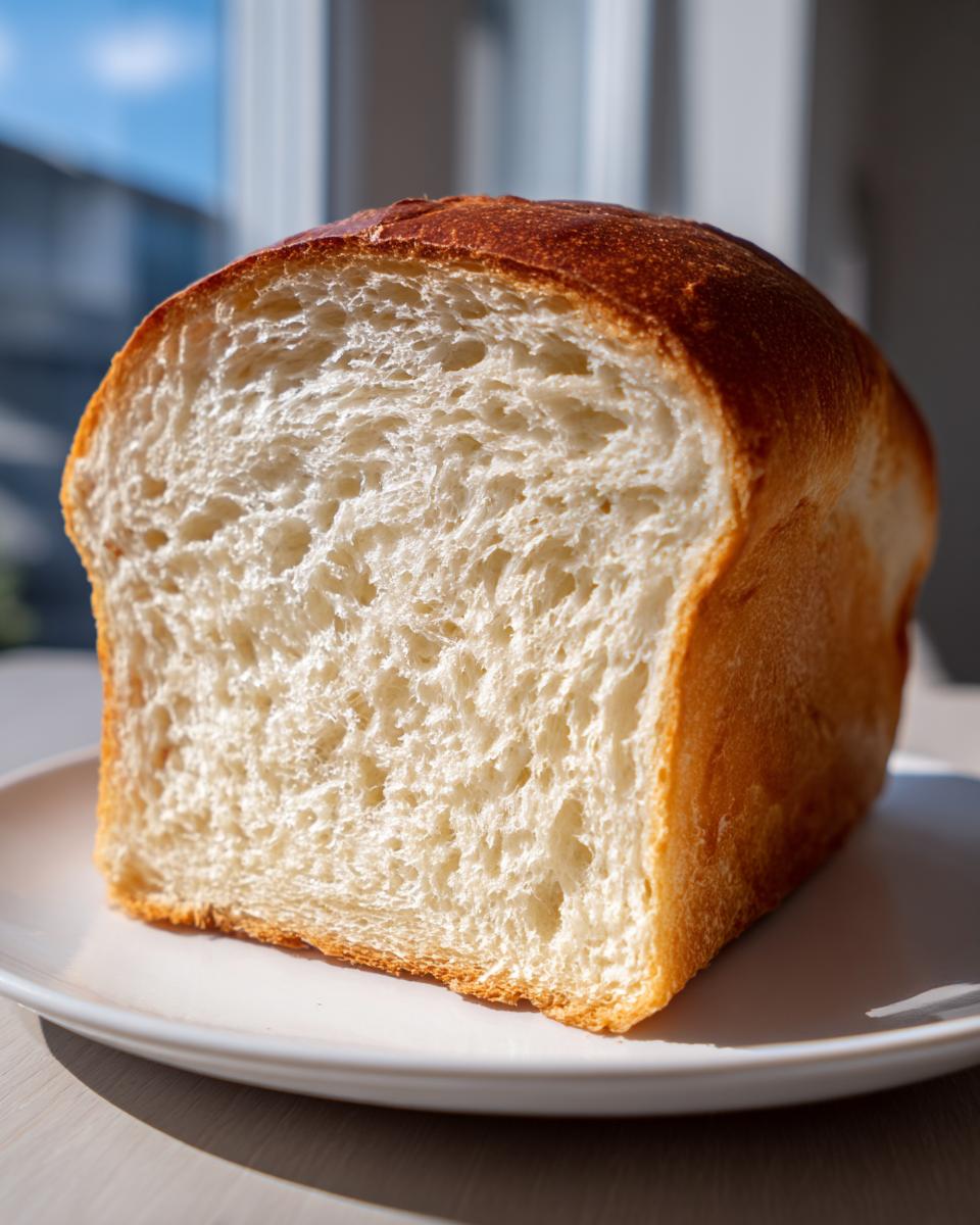 Close-up of the soft, white interior crumb of a freshly baked sourdough sandwich bread loaf.
