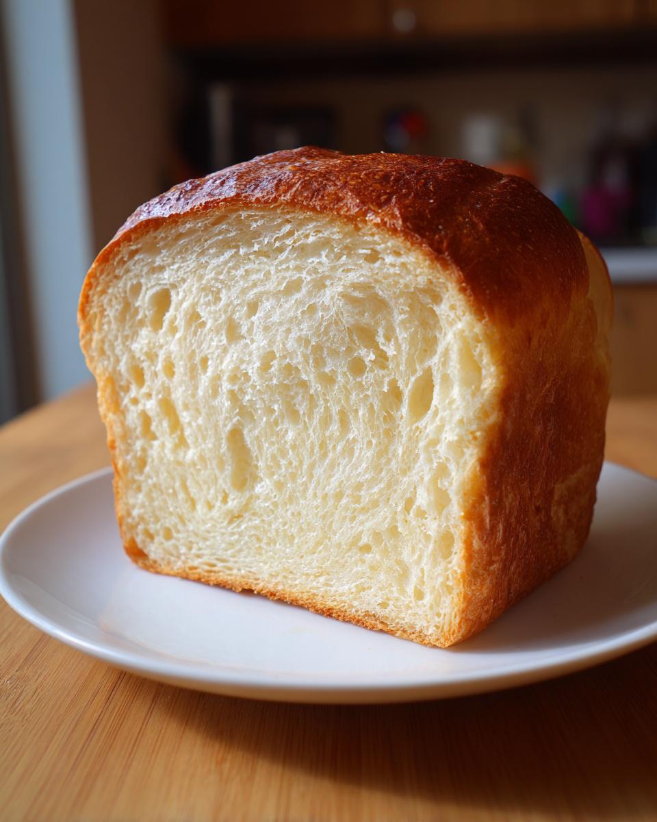 Close-up of a slice of soft, fluffy sourdough sandwich bread showing the tight, even crumb structure.