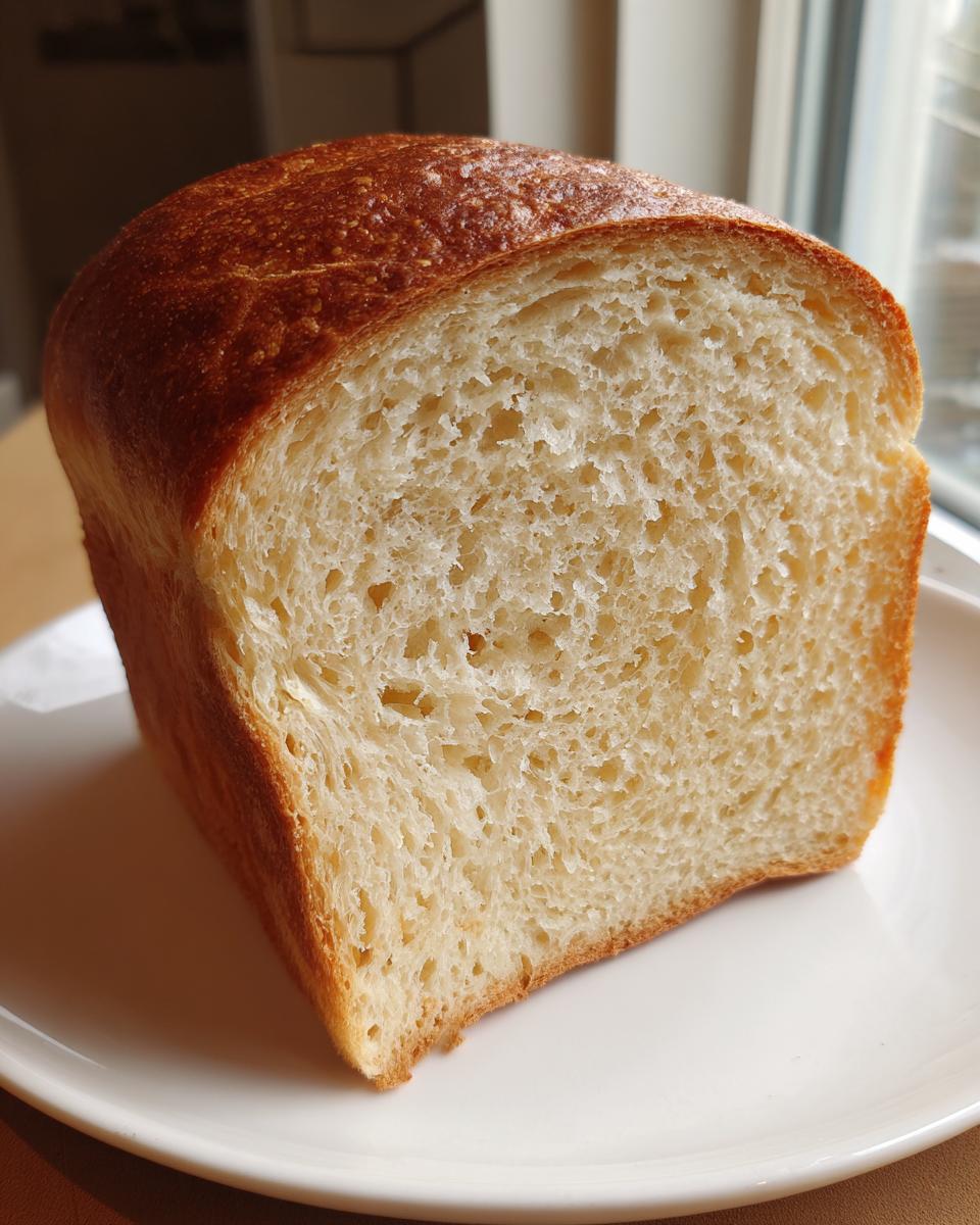 A thick slice of golden-brown sourdough sandwich bread showing a soft, even crumb structure.