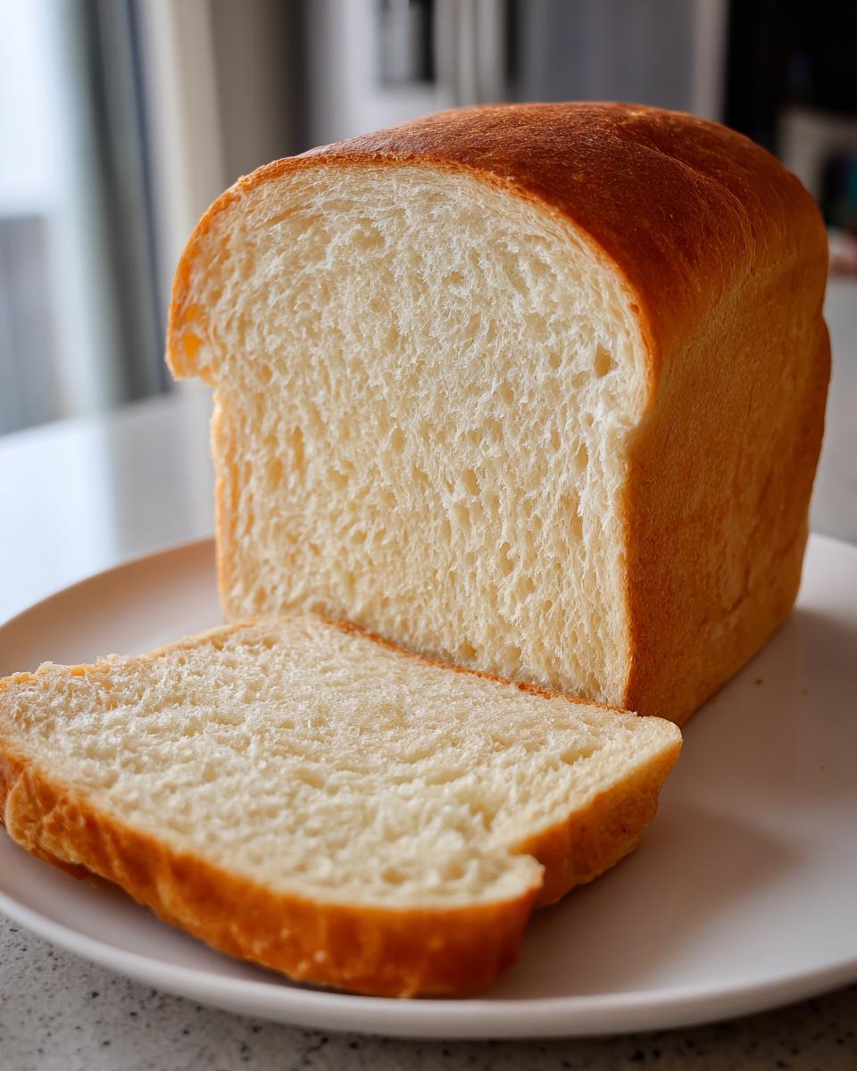 A freshly baked loaf of soft sourdough sandwich bread, partially sliced, showing a tender, white crumb.