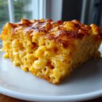 A close-up of a square slice of rich, cheesy southern baked macaroni and cheese with a golden-brown crust.