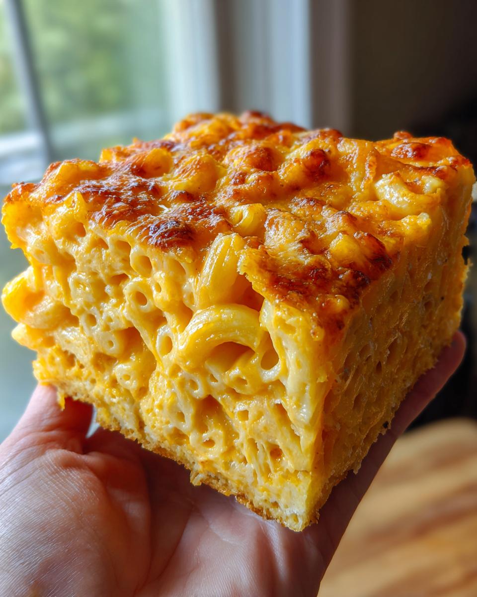 A thick, square slice of rich, cheesy southern baked macaroni and cheese held in a hand.
