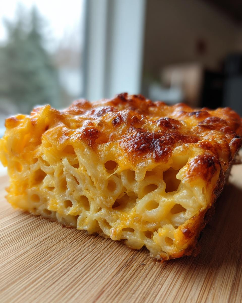 A close-up of a square slice of rich, cheesy southern baked macaroni and cheese with a golden-brown, bubbly crust.