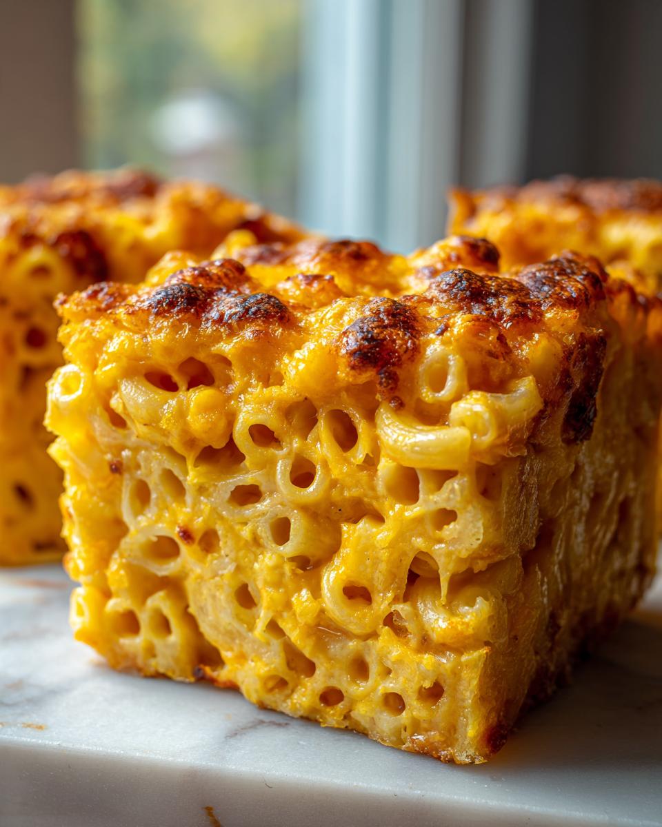 Close-up of a thick, square slice of southern baked macaroni and cheese showing elbow macaroni texture and a browned, cheesy crust.