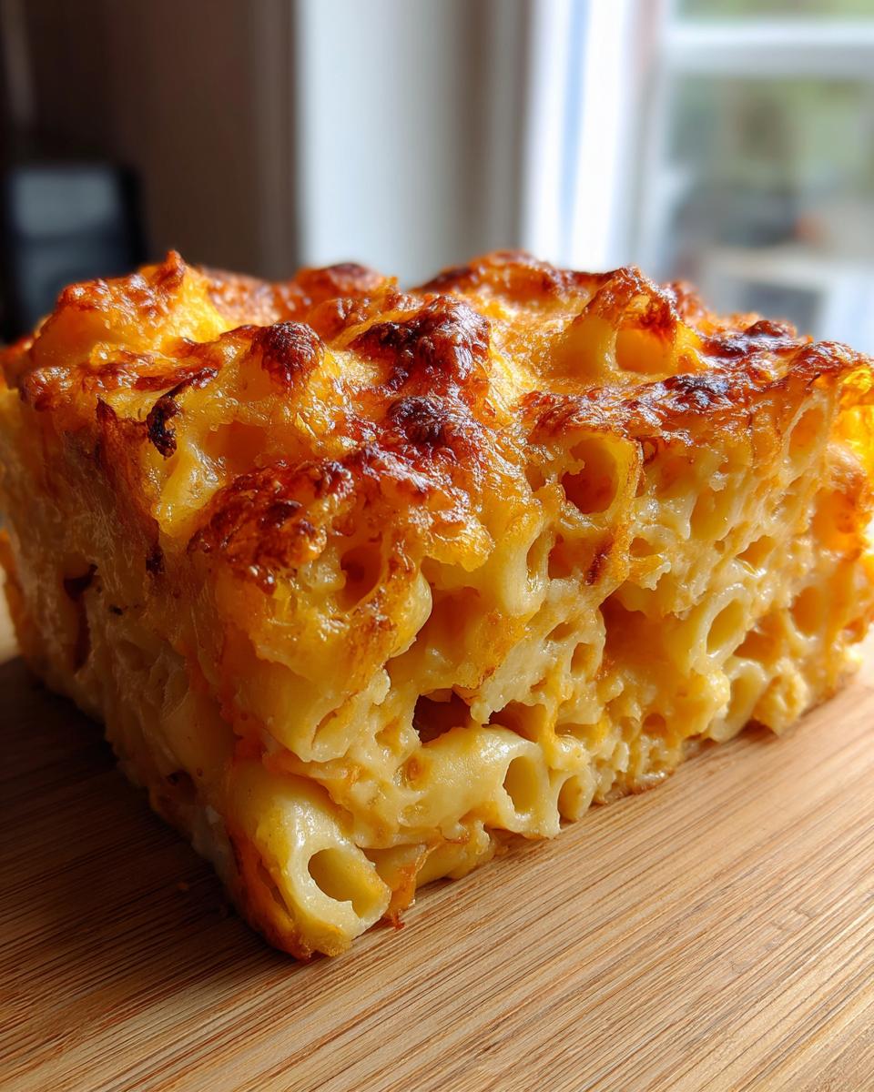 A thick, square slice of southern baked macaroni and cheese showing creamy interior and a deeply browned, cheesy crust.