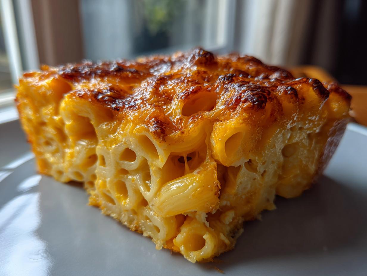 Close-up of a thick slice of southern baked macaroni and cheese with a golden, browned crust.