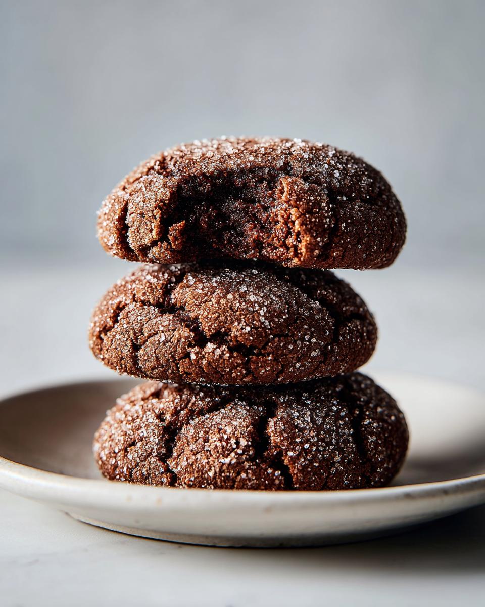 Three dark, chewy gingersnap cookies stacked on a small plate, coated in sparkling sugar crystals.
