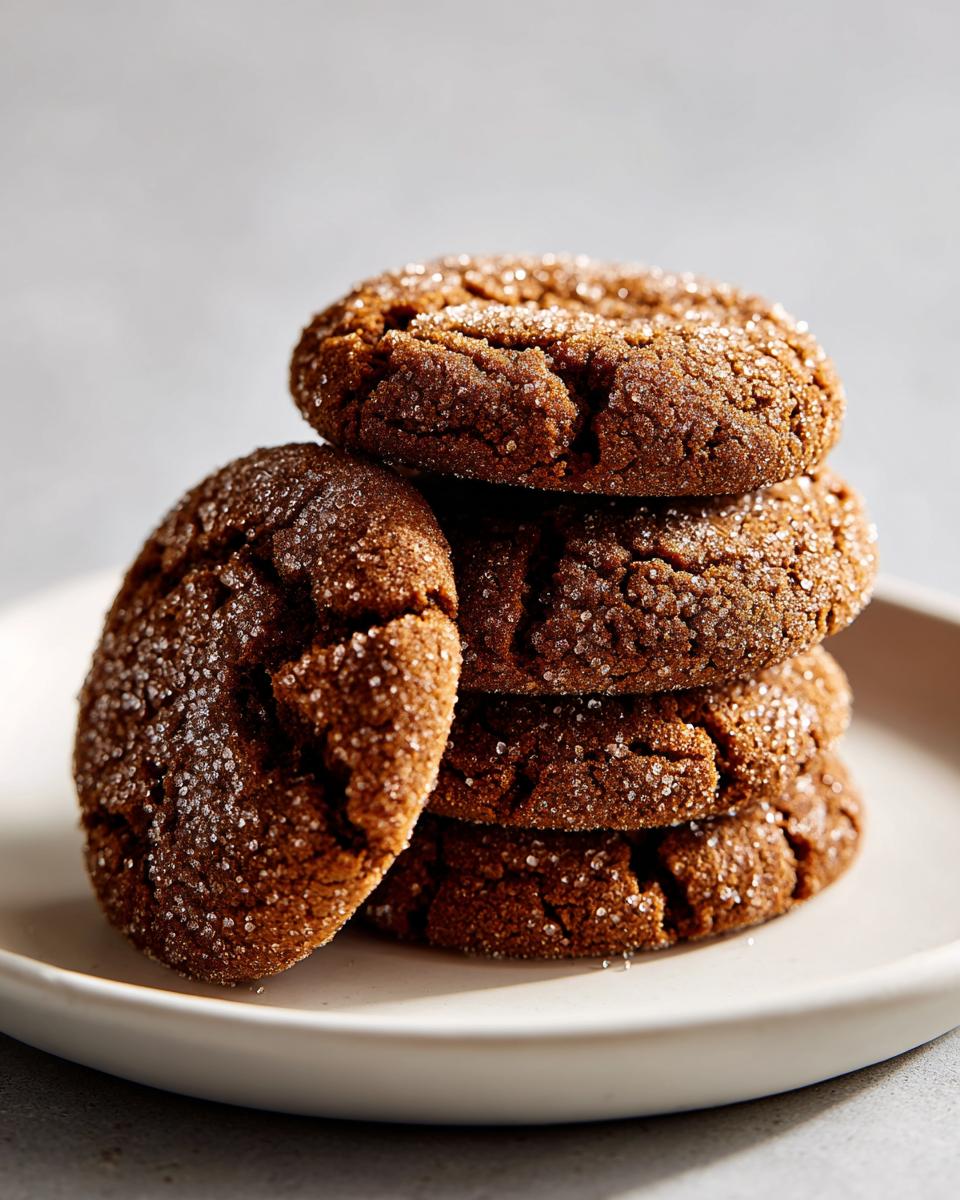 A stack of four dark, crinkly gingersnap cookies generously coated in sparkling sugar crystals.