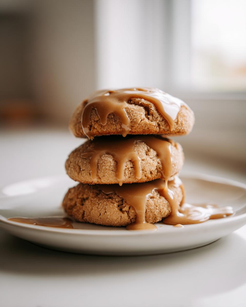 Three soft maple cookies stacked on a plate, generously covered in a thick, dripping maple glaze.