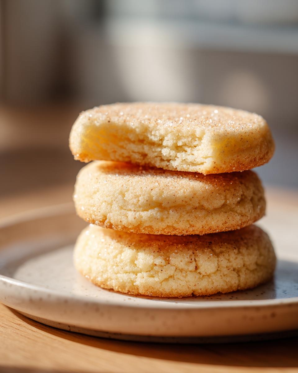 Close-up of three thick sugar cookies stacked, with the top cookie having a bite mark showing the soft interior.