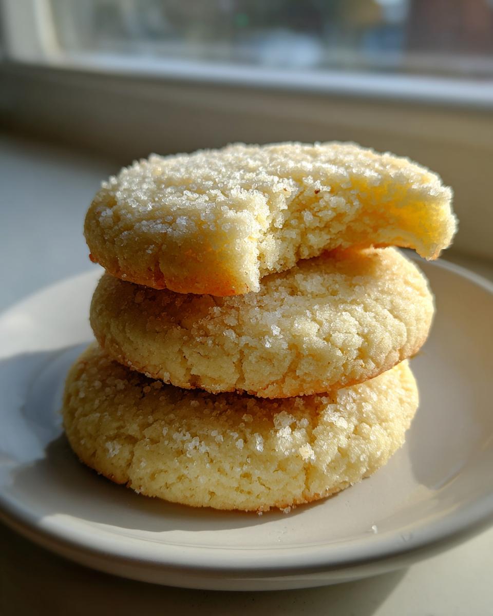 A stack of three soft sugar cookies topped with coarse sugar, one cookie has a bite taken out.