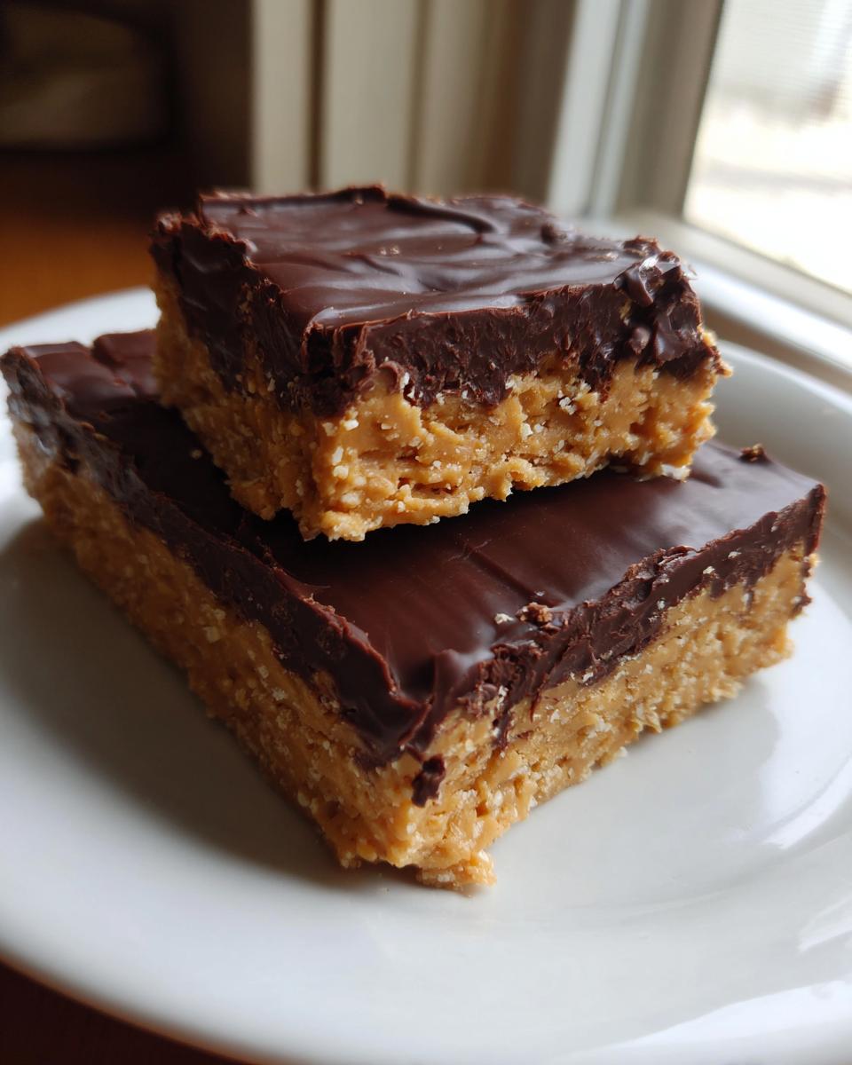 Two stacked squares of rich lunch lady peanut butter bars with a thick peanut butter layer and chocolate topping.
