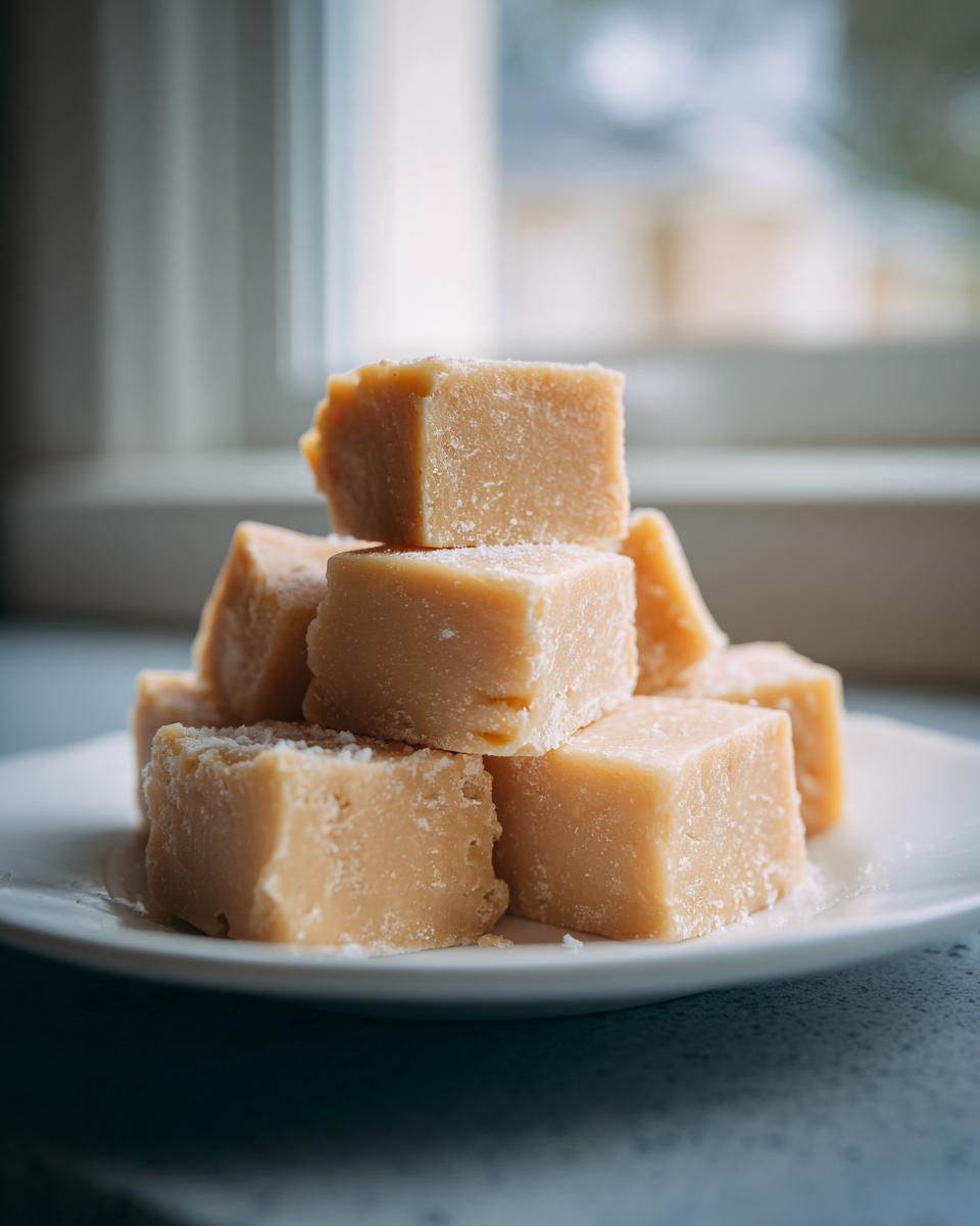 A stack of creamy, light brown maple fudge squares dusted with sugar on a white plate.