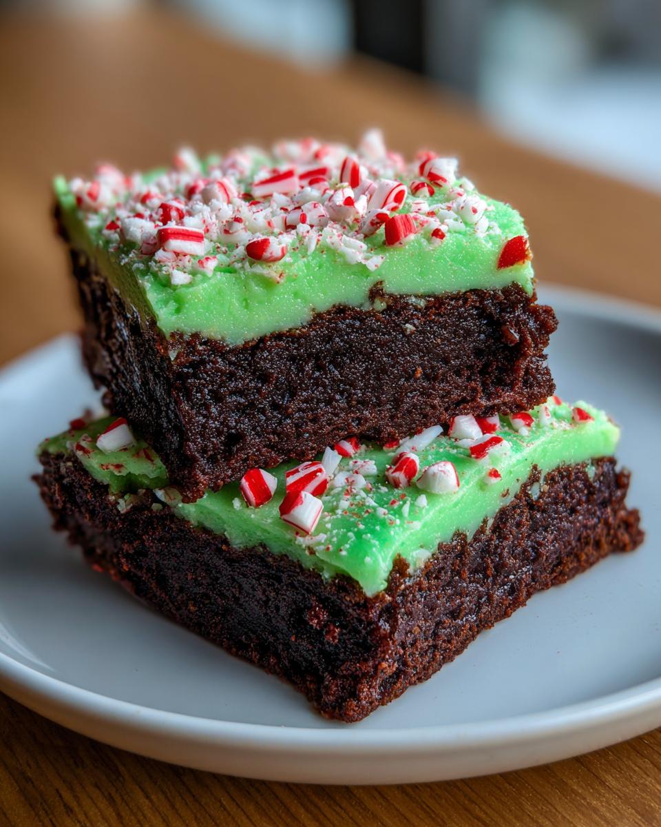Two stacked, rich chocolate peppermint brownies topped with bright green frosting and crushed candy canes.