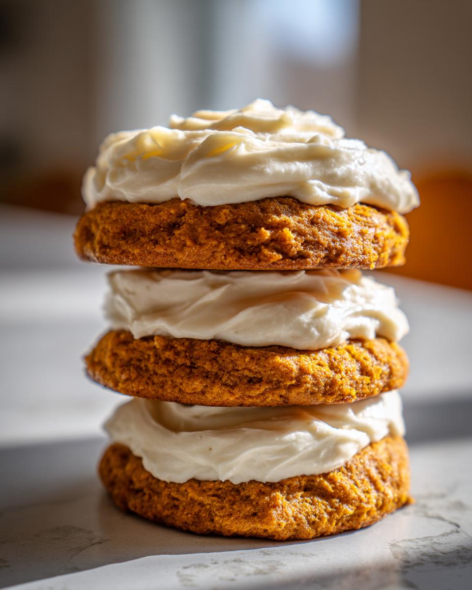 A vertical stack of three soft pumpkin cookie sandwiches layered with thick cream cheese frosting.