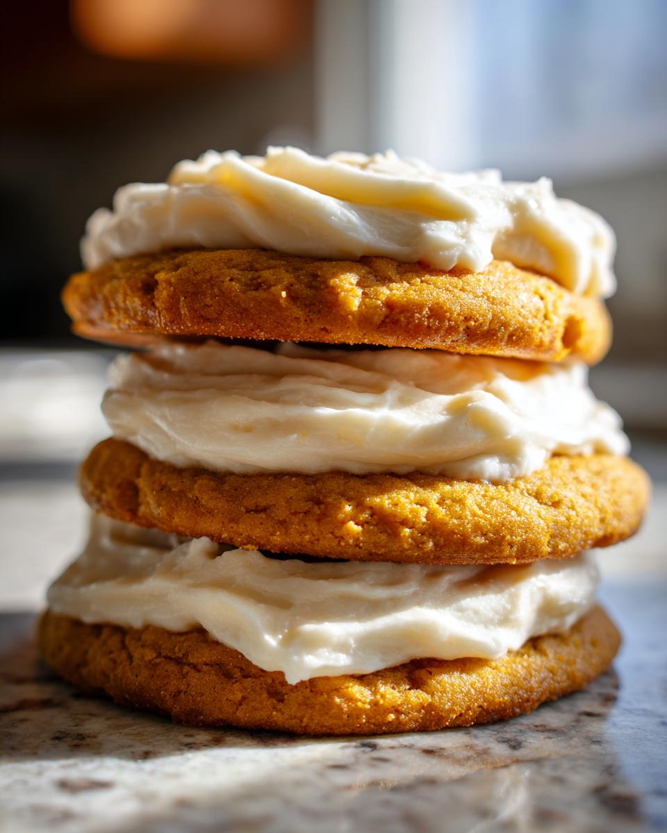 A stack of three soft pumpkin cookie layers generously filled with thick cream cheese frosting.