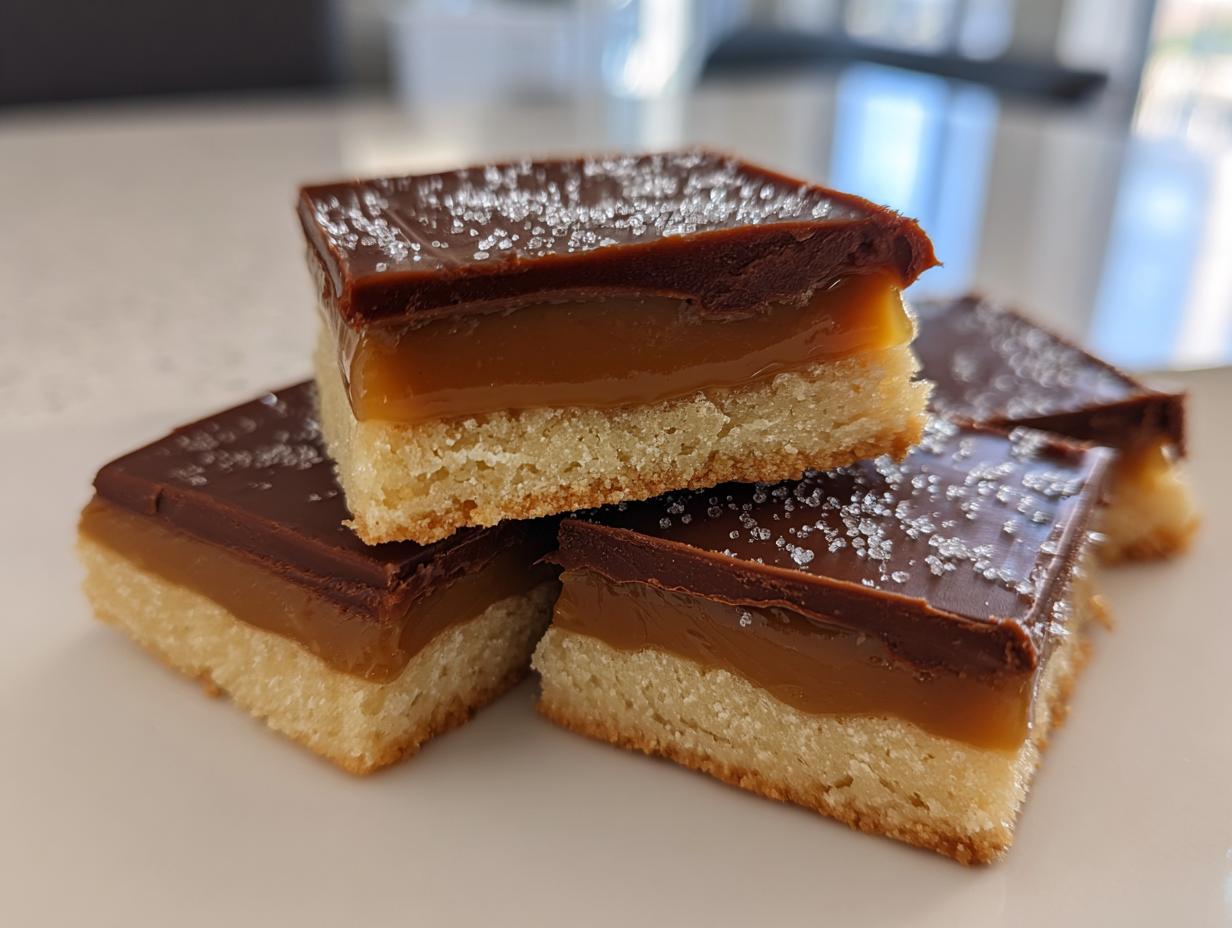 Close-up of stacked homemade Twix bars showing shortbread, thick caramel, and chocolate topping sprinkled with sugar.