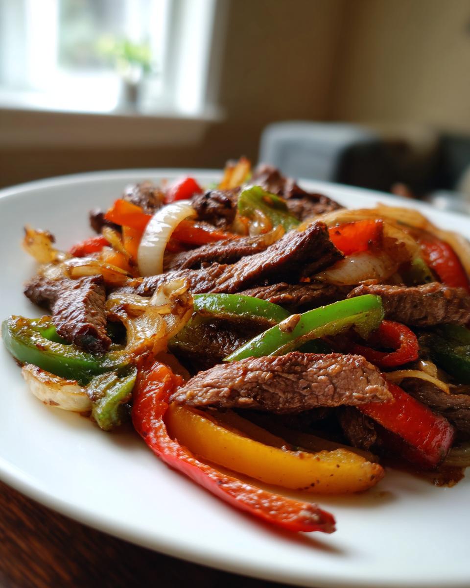 A close-up, appetizing shot of juicy steak fajitas featuring strips of seasoned beef mixed with colorful sautéed bell peppers and onions.