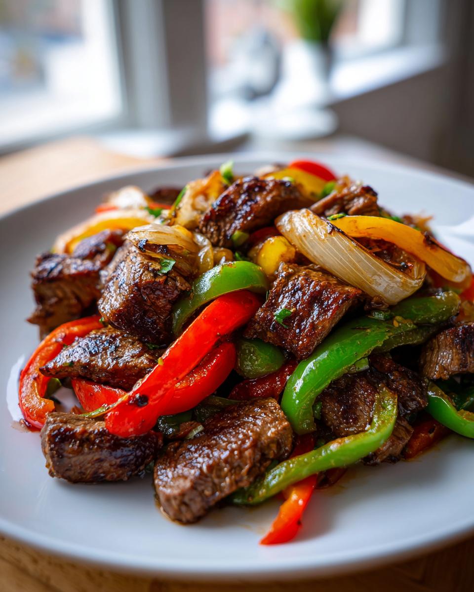 A close-up of sizzling steak fajitas featuring browned beef strips mixed with vibrant red, green, and yellow bell peppers and onions.