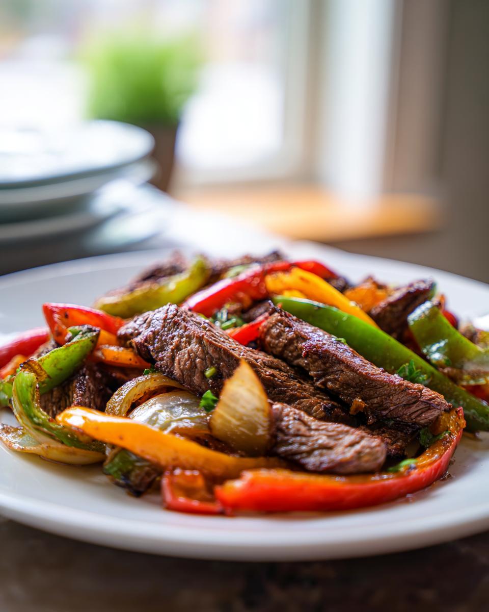 Close-up of perfectly cooked steak fajitas featuring sliced steak, red, yellow, and green bell peppers, and onions on a white plate.