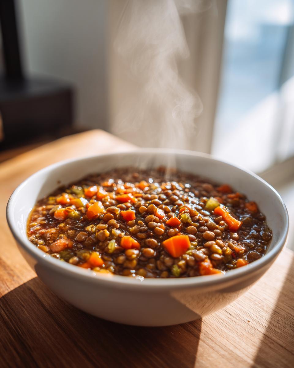 Close-up of a steaming white bowl filled with hearty lentil soup, featuring visible carrots and celery.