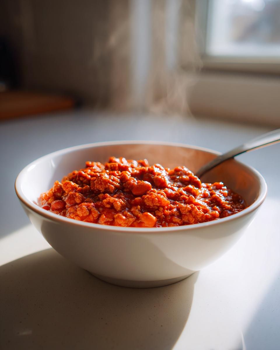 A white bowl filled with steaming, rich red high protein chili sits on a counter in natural light.