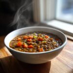 A close-up of a steaming white bowl filled with hearty lentil soup, visible carrots, and celery.