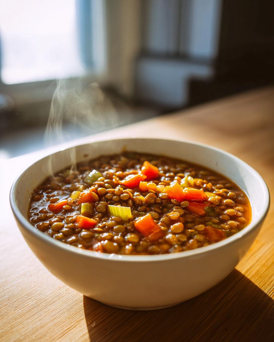Close-up of a steaming white bowl filled with hearty lentil soup, featuring visible carrots and celery.