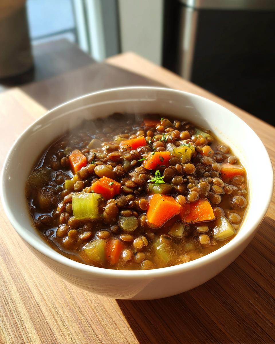 Close-up of a steaming white bowl filled with hearty lentil soup, featuring brown lentils, diced carrots, and celery.