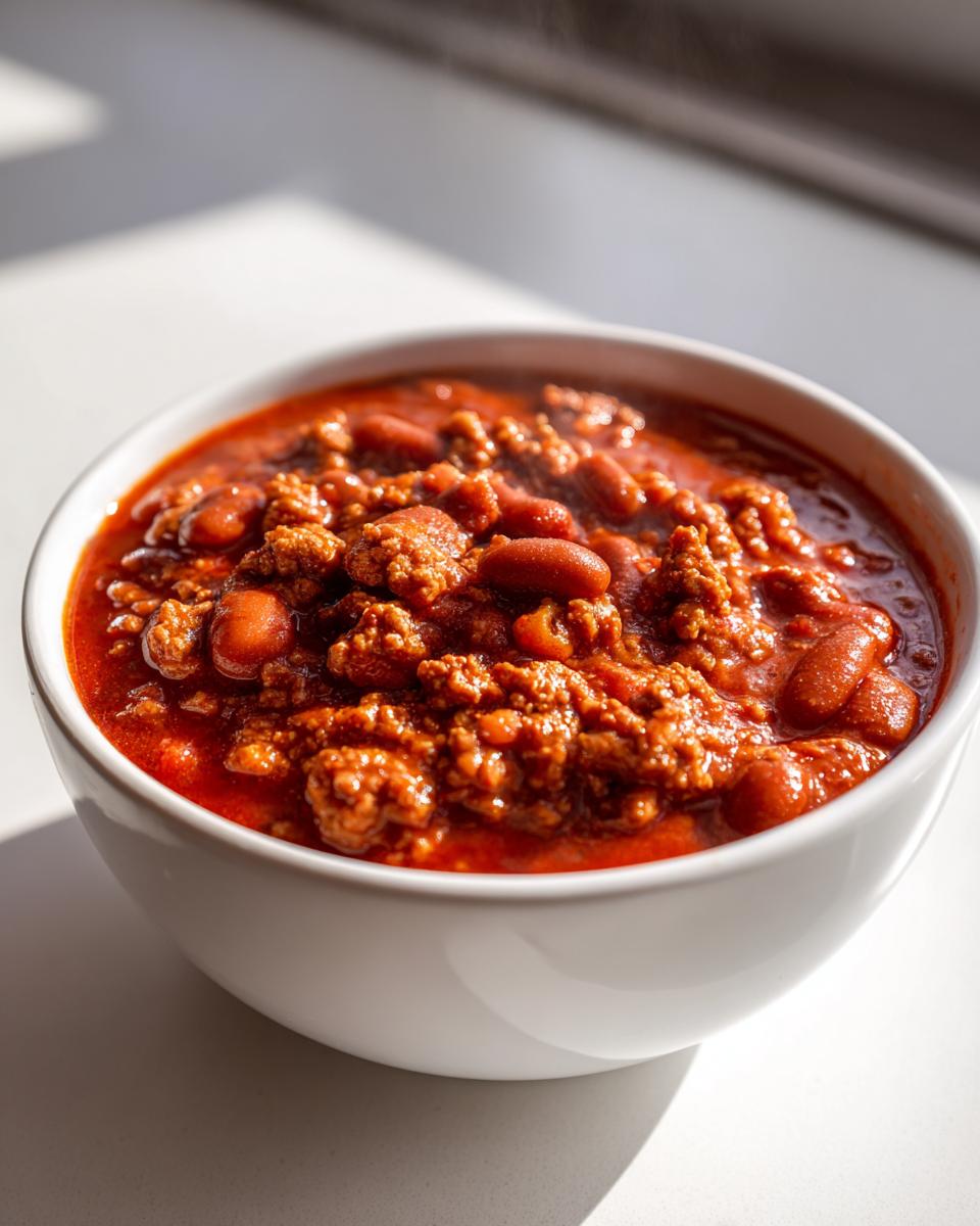 Close-up of a steaming white bowl filled with rich, hearty high protein chili featuring ground meat and kidney beans.